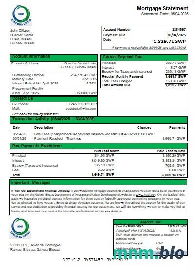 Gwinea-Bissau Banco da Uniao wyciąg z kredytu hipotecznego szablon Word i PDF